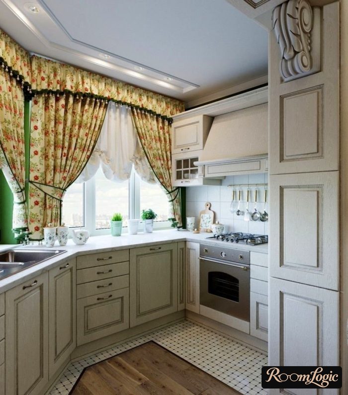 short valances in a small kitchen in provence style