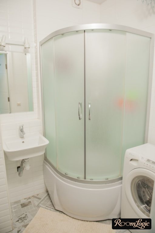 shower enclosure and washer in bathroom