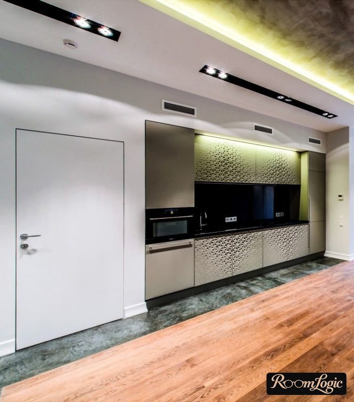 Silver 3D facades for built-in kitchen cabinets