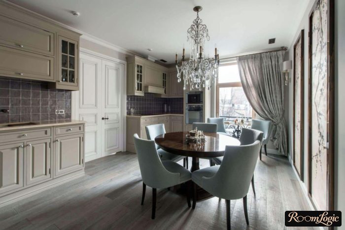 simple white matte ceiling in the neoclassical style kitchen-dining room