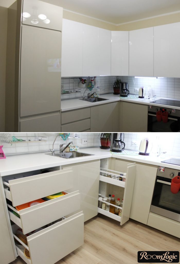 Slide-out hardware in a small white glossy kitchen