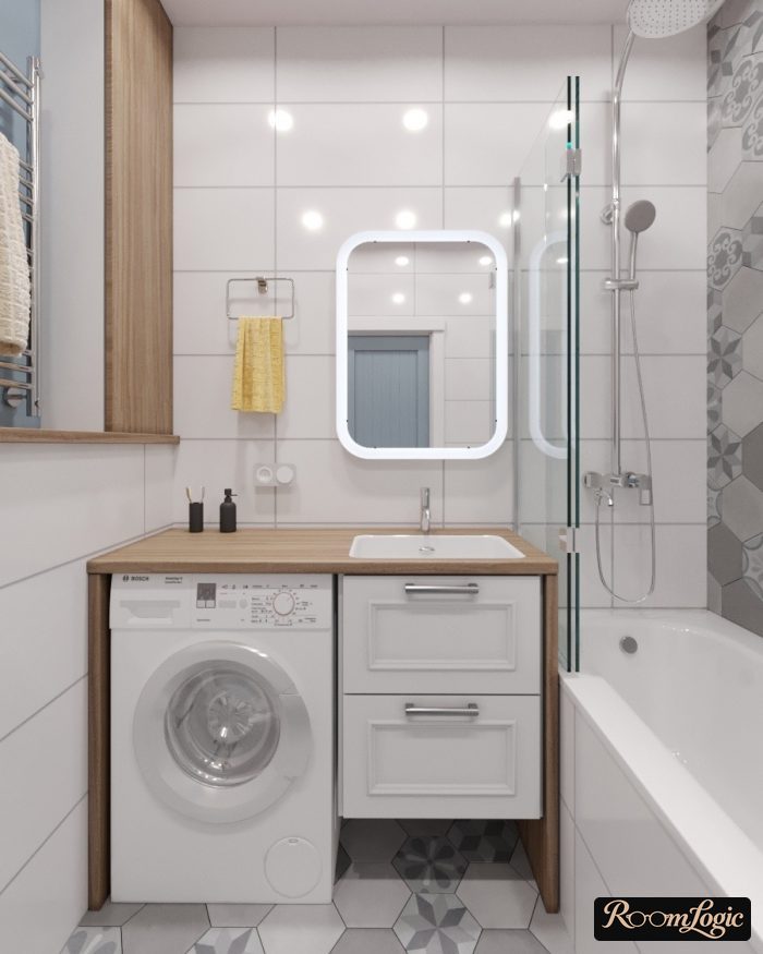 small bathroom with a washer in scandi style