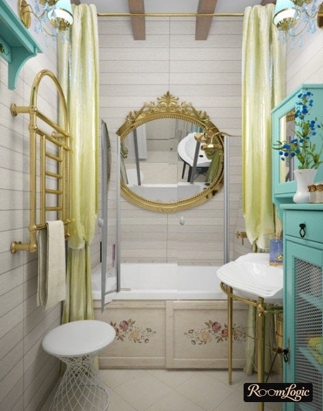 small bright bathroom with gold and light blue design