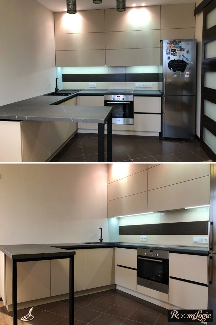 small corner kitchen with breakfast bar