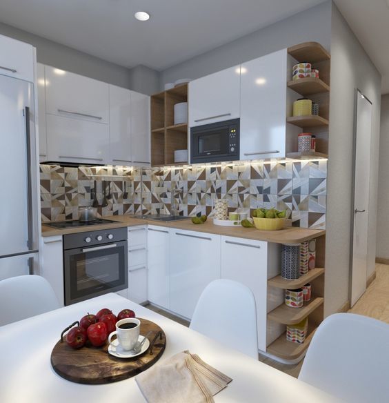 small corner kitchen with open shelves
