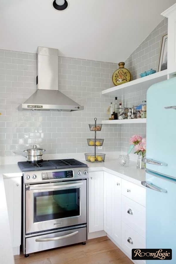 small corner kitchen with shelves instead of cabinets