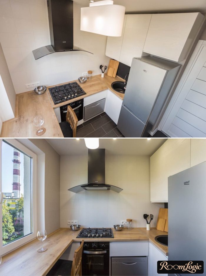 small corner kitchen without upper cabinets on one side