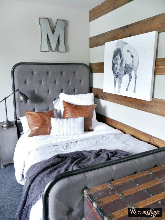 Small double bed in a young man's room interior
