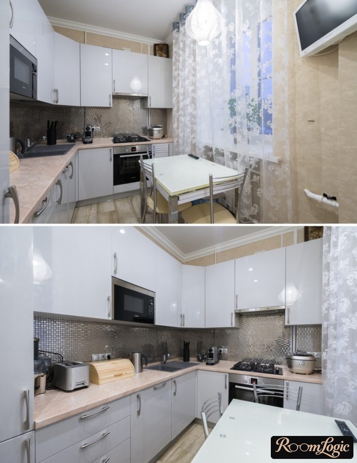 Small glossy gray kitchen with mirror mosaic backsplash