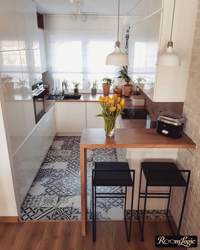 small kitchen in scandi style with breakfast bar