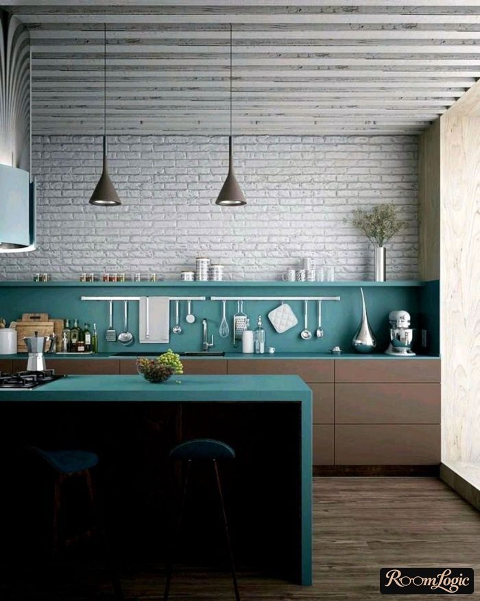 small kitchen in scandi style with turquoise backsplash