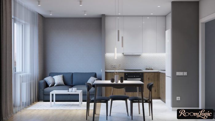 small kitchen-living room with gray curtains