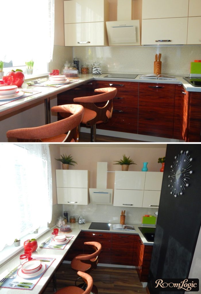 small kitchen with bar counter by the window