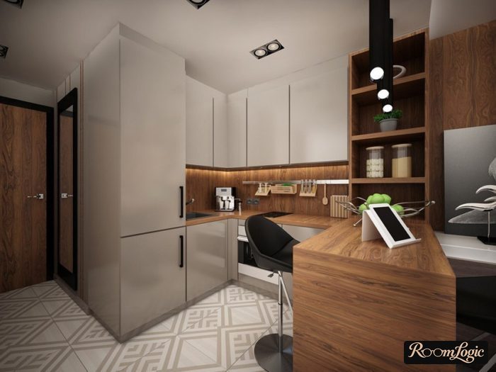 small kitchen with wooden bar counter