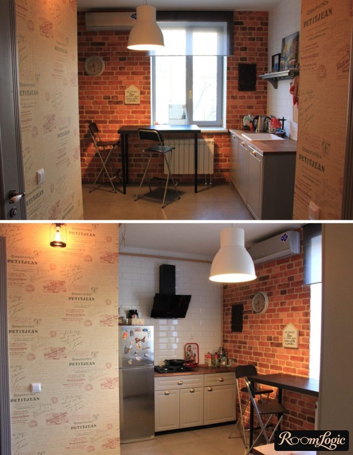 Small loft-style kitchen with red brick wall