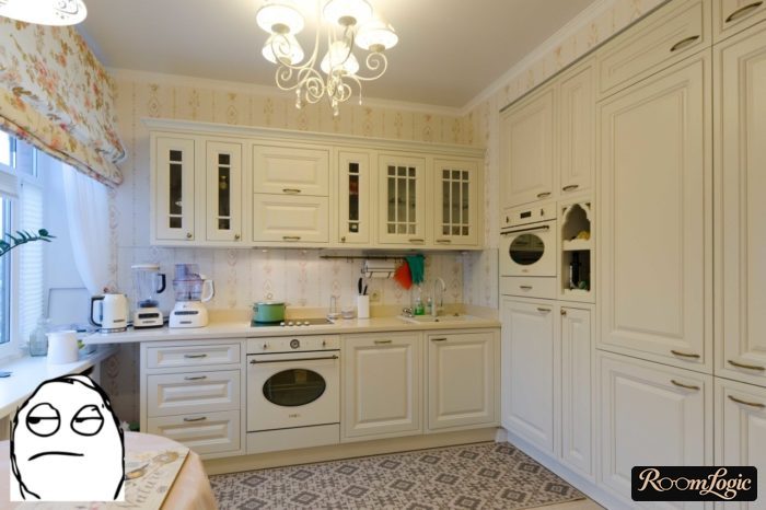 small modern classic kitchen with beige wallpaper