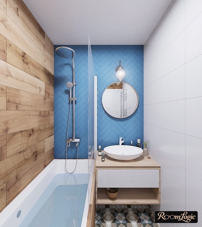 small scandi bathroom with light blue accents