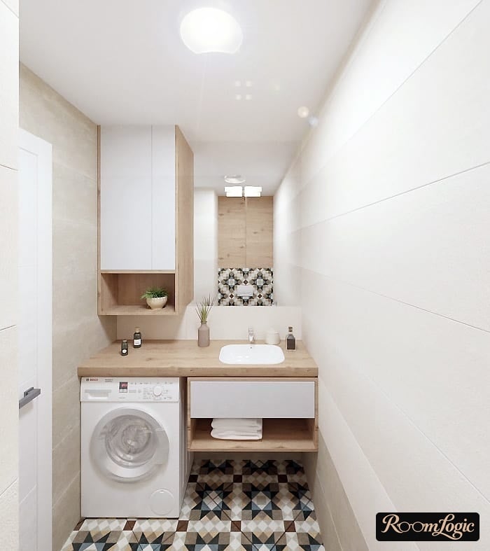 small scandinavian bathroom with a washer
