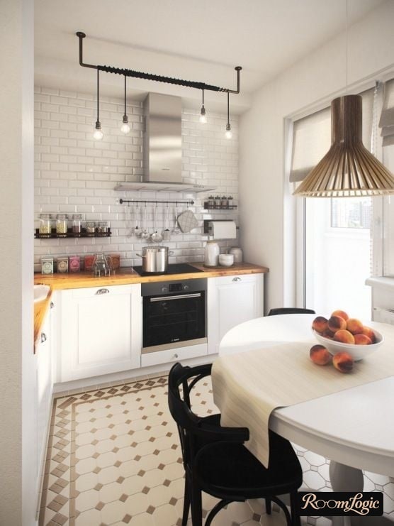 small white kitchen with open shelves