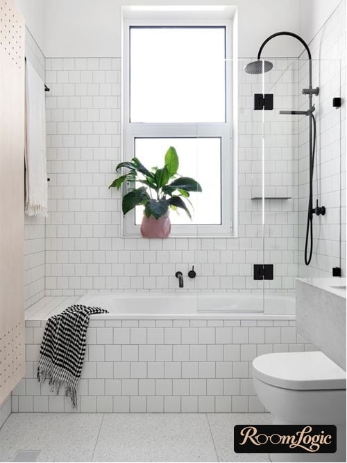 small white square tile in a Scandinavian bathroom
