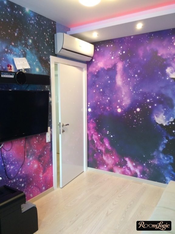 Space photo wallpaper in teenager room
