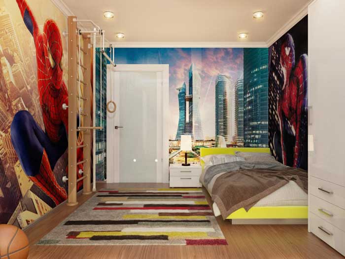 kids' room for boy in superhero style with pull-up bar