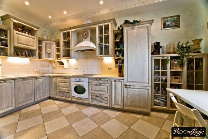 Square tile flooring in a Provence style for the kitchen