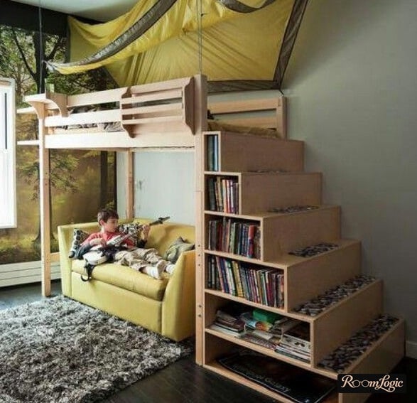 stair-step shelves above the bed for a boy's attic