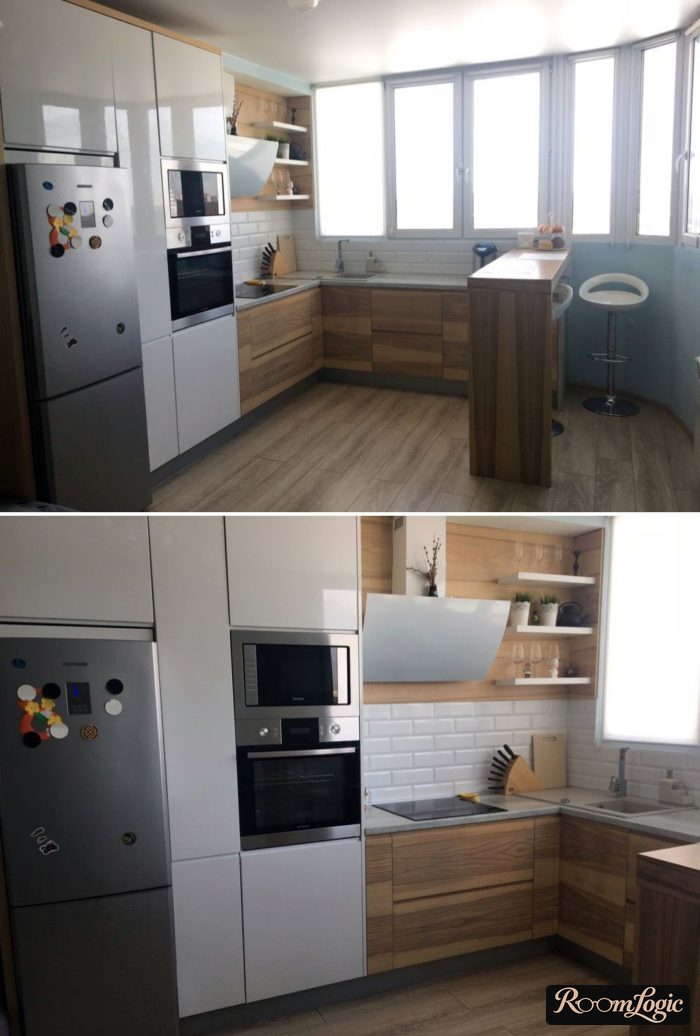 standalone refrigerator built into U-shaped kitchen