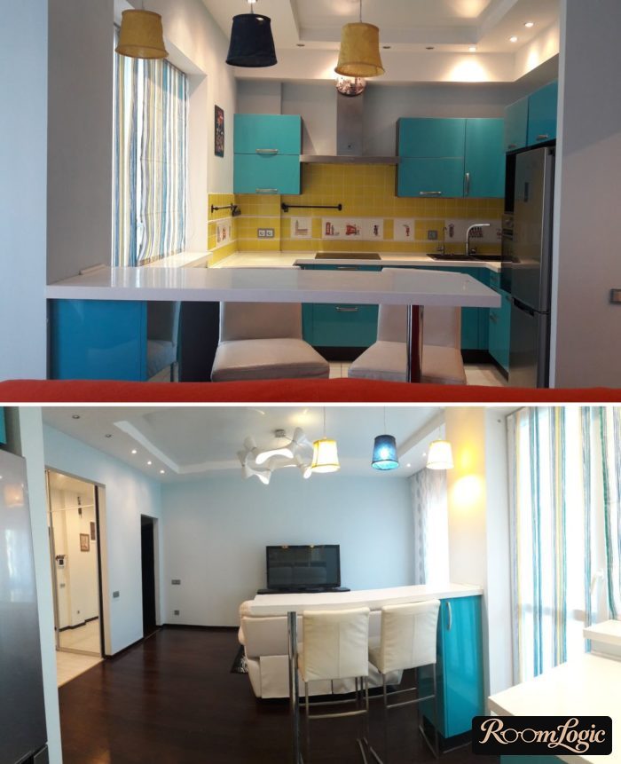 standalone white acrylic bar counter in the kitchen