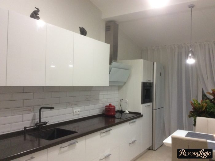 standard white sheer curtain in white kitchen with balcony