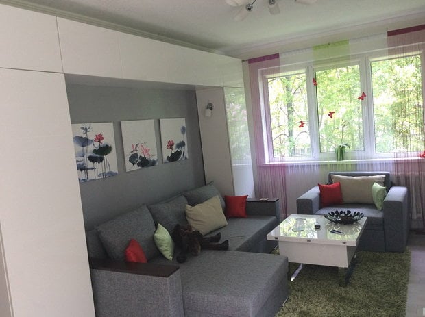 storage around the sofa in the living room