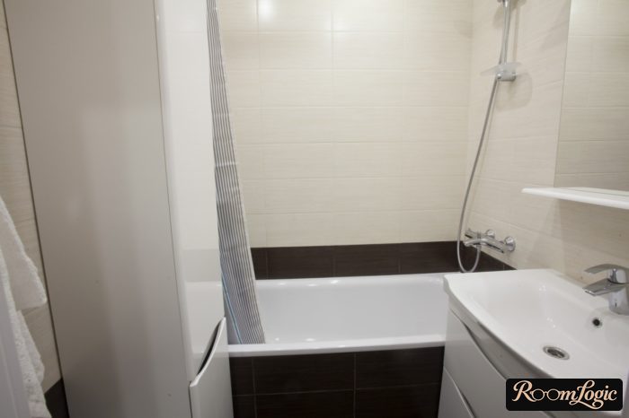 storage system in small bathroom in tiny apartment