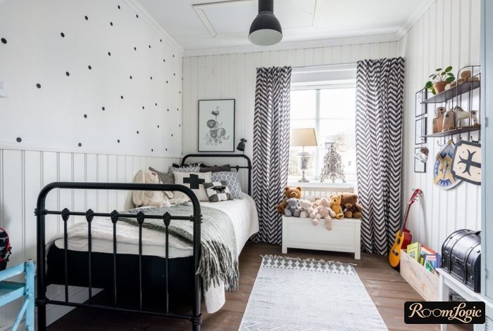 straight black and white curtains in a teenage girl's room