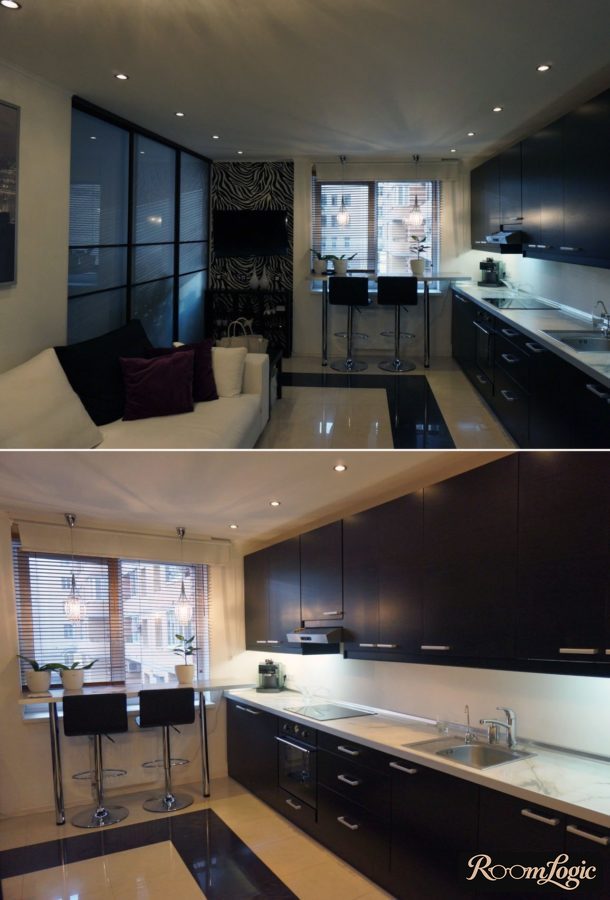 Straight kitchen with a breakfast bar next to the window