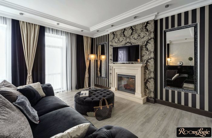 striped wallpaper in the living room in art deco style