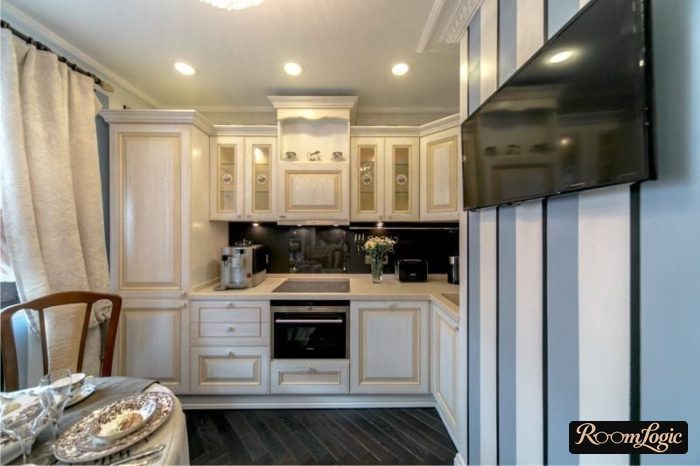 striped white and light blue wallpaper in the kitchen