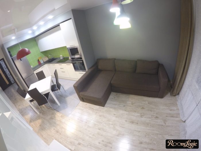 Studio apartment flooring with the entryway and kitchen combined two-in-one