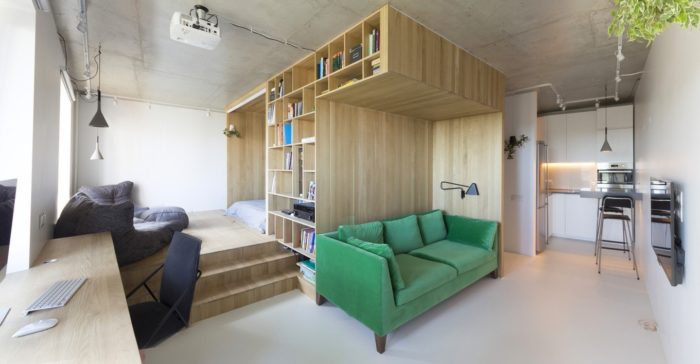 Studio apartment with a furniture platform