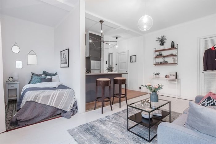 studio with bed and sofa