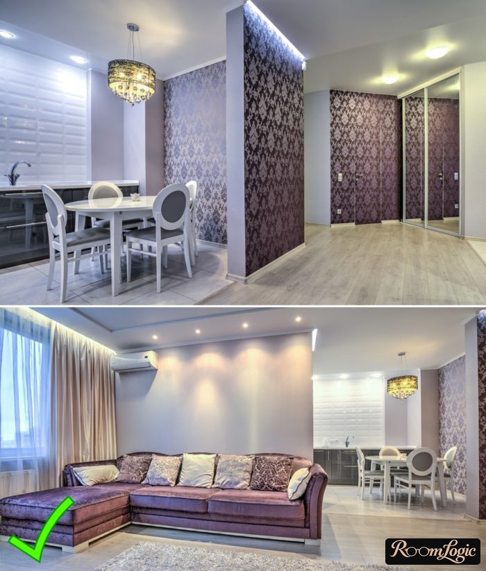 stylish combined wallpaper in the kitchen-living room interior