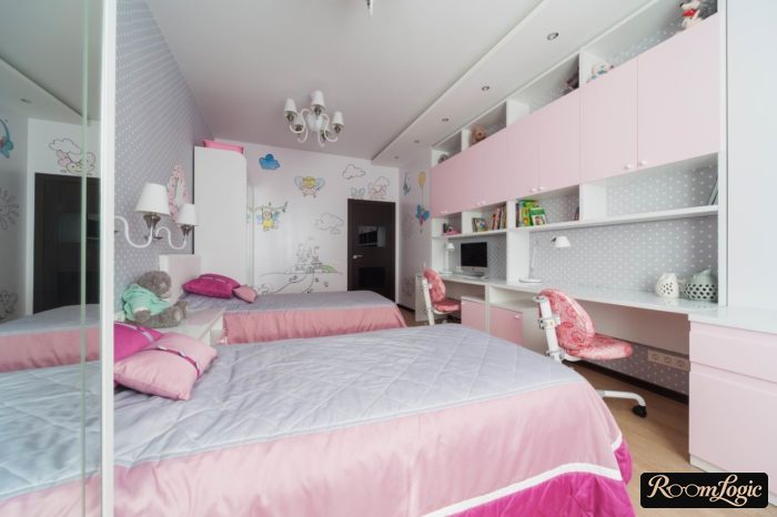 stylish gray-pink room of two teenage girls