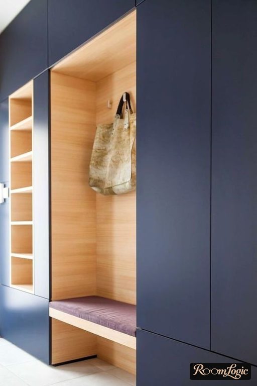 stylish modern blue wooden closet in hallway