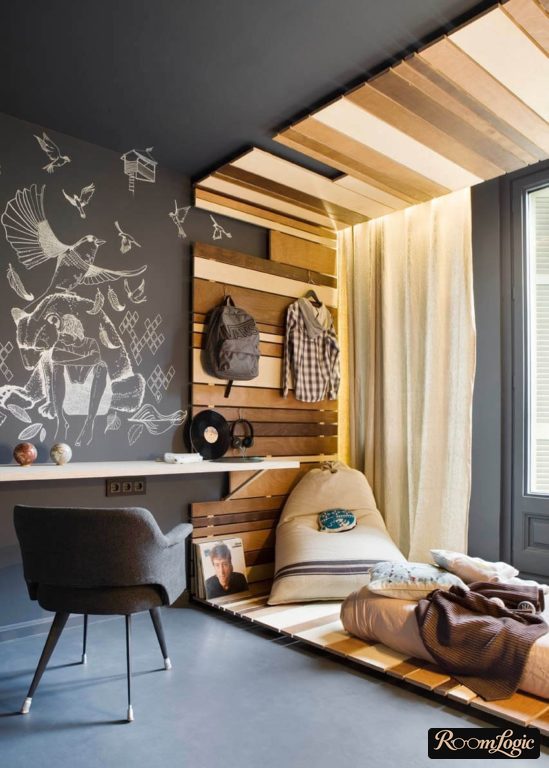stylish teenage boy room with black walls and ceiling