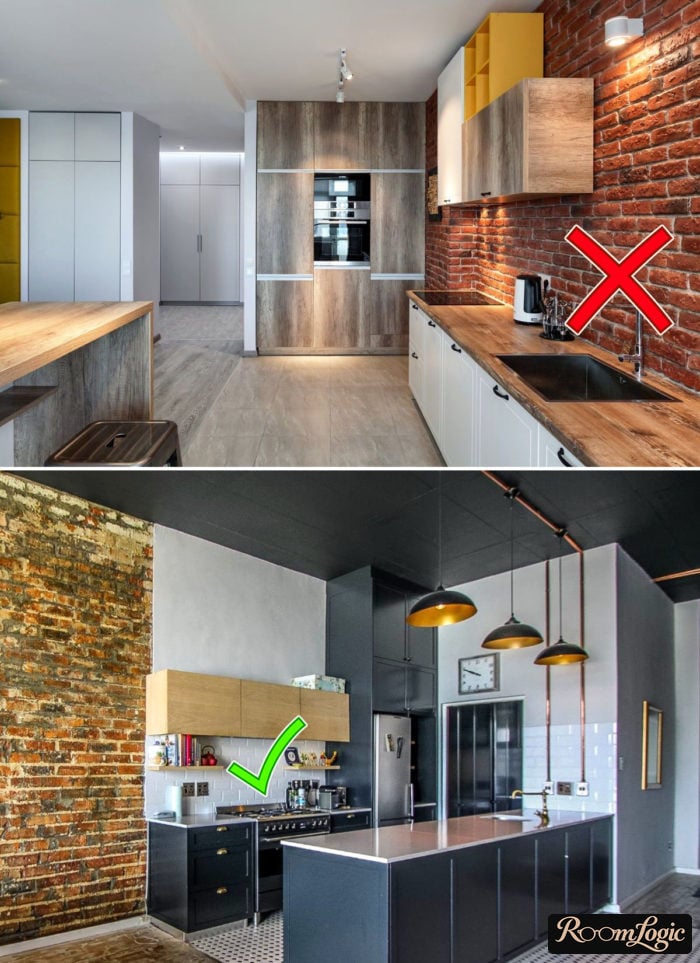 Subway tile on the kitchen backsplash in a loft style with a white boar statue