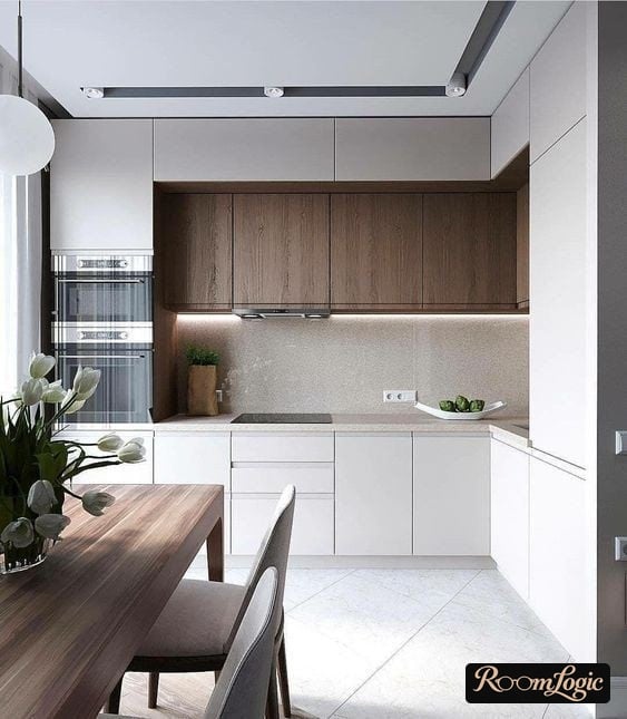 dark brown wood in white kitchen