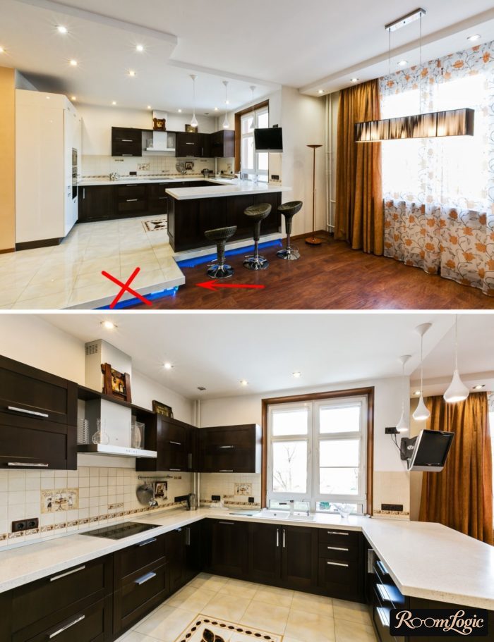 The floor platform in the kitchen-living room is not worth it