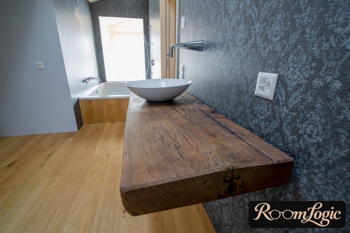 thick wooden countertop in the bathroom