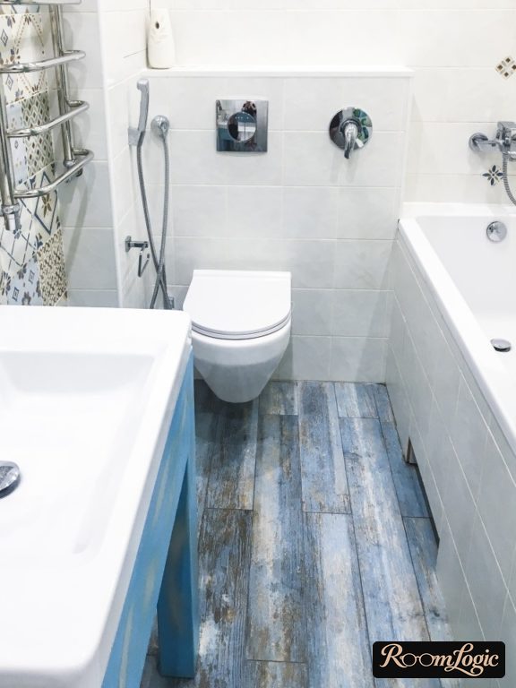tile colored wood floor in bathroom