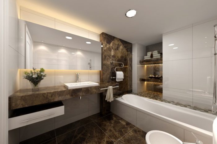 tile in brown marble design for combined bathroom